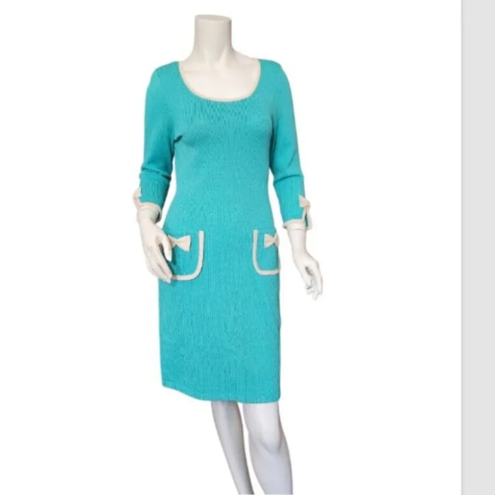 Vtg Jennifer Roberts Knit Bracelet Sleeve Bows Dress - Picture 2 of 11